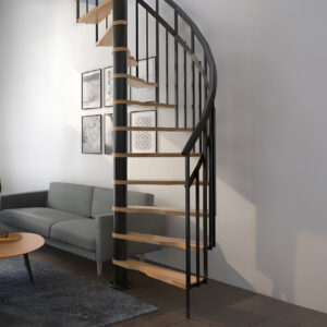 Ruimtebesparende spiltrap SIENA | Diameter 145 cm | Hoogte tot 273 cm | Inclusief leuning