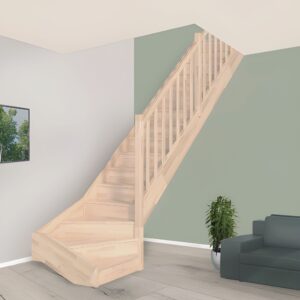 Kwartslag trap BUDGET+ van massief vurenhout | Hoogte 280 cm | Inclusief stootborden en balusterleuning