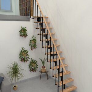 Ruimtebesparende middenboomtrap WOOD - Hoogte tot 327 cm - 70cm breed - Metalen trap met houten traptreden
